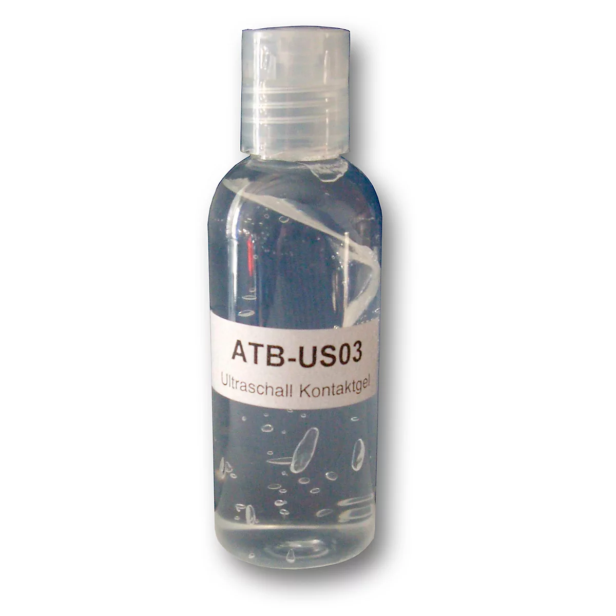Liquide clair dans une bouteille en plastique transparent. L'étiquette indique "ATB-US03 Gel de contact pour ultrasons".