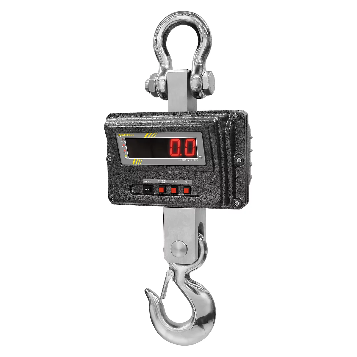 Hanging scale with digital display 0.0 kg. Black case, red display, hooks at top and bottom.