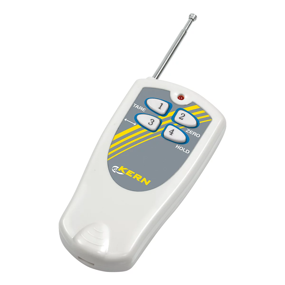 White remote control with antenna. Blue buttons with numbers. Grey field with yellow stripes. Red LED.