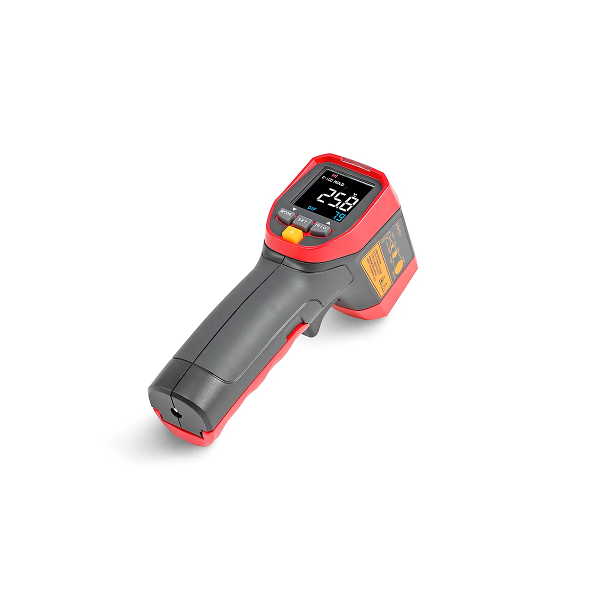Infrarot Thermometer in Rot-Schwarz. Zeigt 25.8 Grad an.