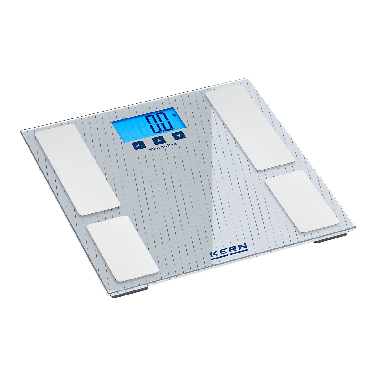 Digitale Personenwaage mit blauem Display, Anzeige: 0,0 kg. Vier weisse Trittflächen, silberne Oberfläche. Aufschrift: KERN.