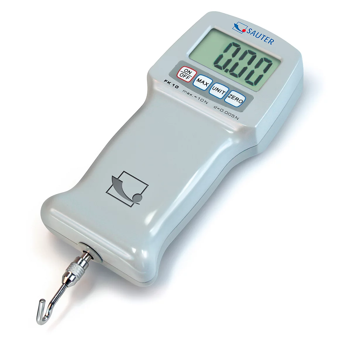 Graues Kraftmessgerät mit Haken und digitaler Anzeige von 0,00. Aufschrift: Sauter, FX 10, max >1 TON, 0,005N.
