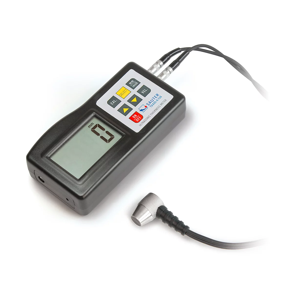 Schwarzes Ultraschall-Messgerät mit Digitalanzeige und angeschlossenem Sensor.