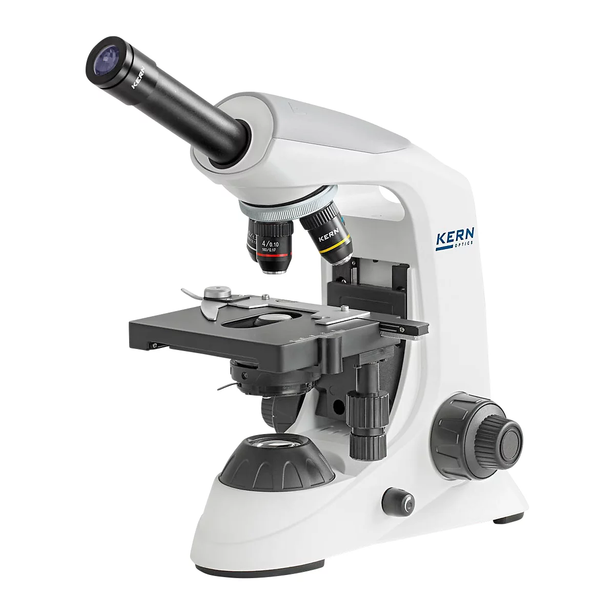 KERN Microscope à lumière transmise OBE-121, monoculaire, lentille achromatique 4/10/40 x, oculaire HWF 10 x 18 mm, puissance d'éclairage 3 W, alimentation secteur/USB, blanc