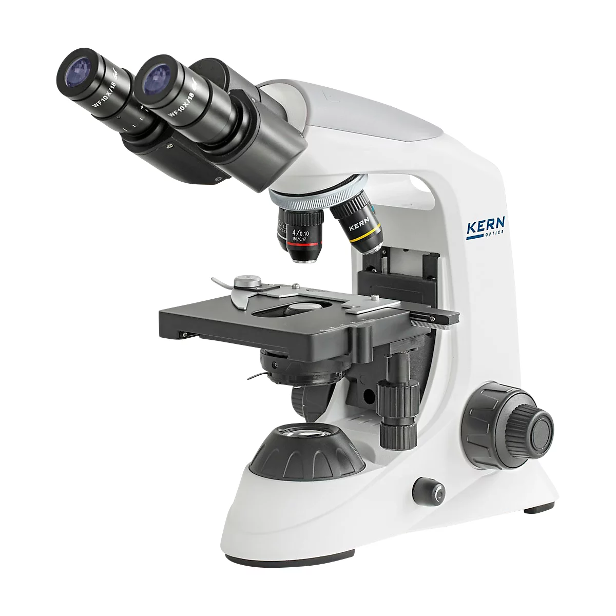 KERN Microscope à lumière transmise OBE-122, binoculaire, lentilles achromatiques 4/10/40 x, oculaire HWF 10 x 18 mm, puissance d'éclairage 3 W, alimentation secteur/USB, blanc