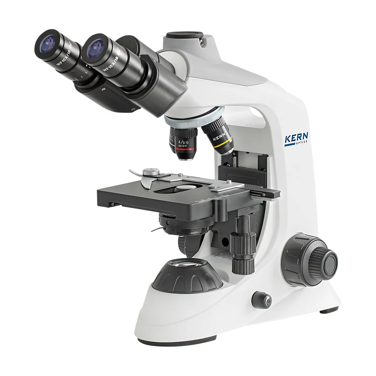 KERN Microscope à lumière transmise OBE-124, trinoculaire, lentilles achromatiques 4/10/40 x, oculaire HWF 10 x 18 mm, puissance d'éclairage 3 W, alimentation secteur/USB, blanc
