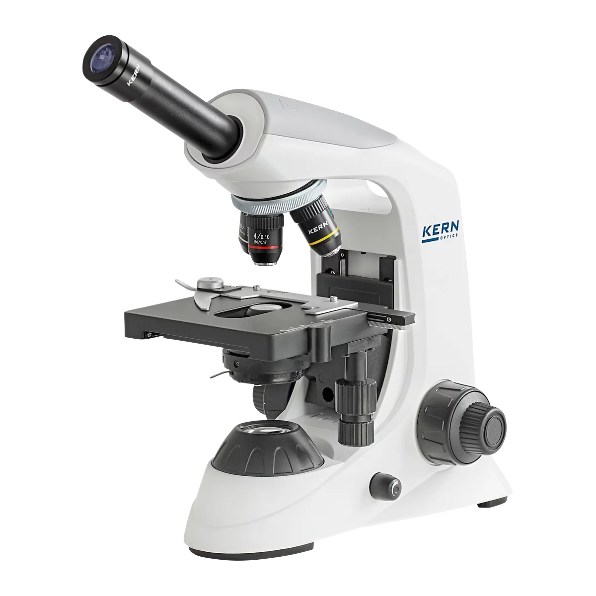 KERN Microscope à lumière transmise OBE-131, monoculaire, lentille achromatique 4/10/40/100 x, oculaire HWF 10 x 18 mm, puissance d'éclairage 3 W, alimentation secteur/USB, blanc
