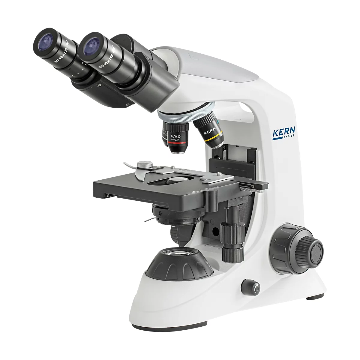 KERN Microscope à lumière transmise OBE-132, binoculaire, lentilles achromatiques 4/10/40/100 x, oculaire HWF 10 x 18 mm, puissance d'éclairage 3 W, alimentation secteur/USB, blanc