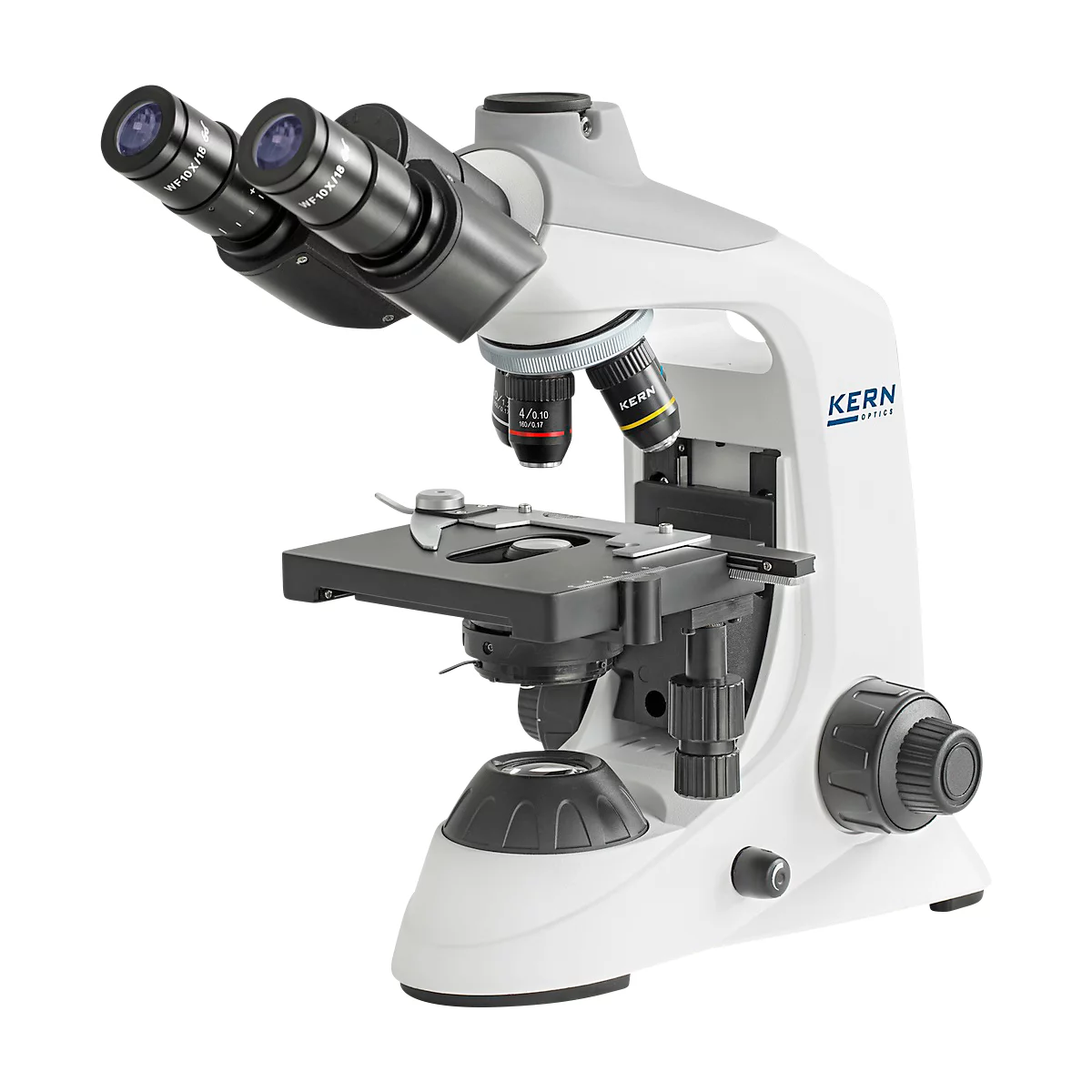 KERN Microscope à lumière transmise OBE-134, trinoculaire, lentilles achromatiques 4/10/40/100 x, oculaire HWF 10 x 18 mm, puissance d'éclairage 3 W, alimentation secteur/USB, blanc