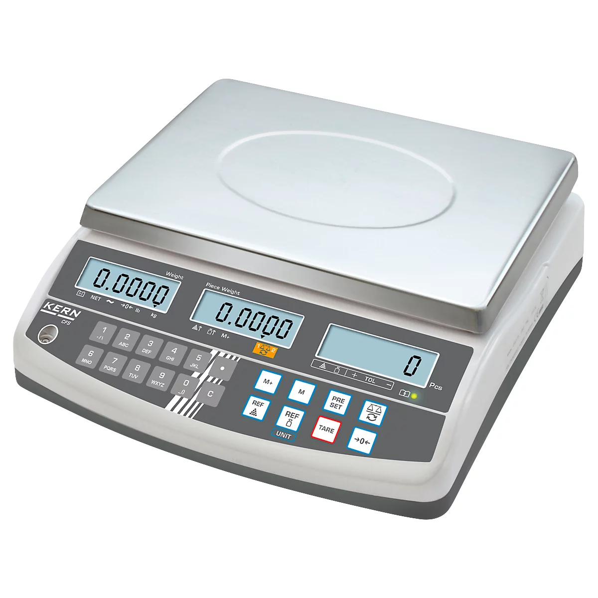 Digitale Waage mit drei Displays. Anzeige: 0.0000. Marke: KERN.