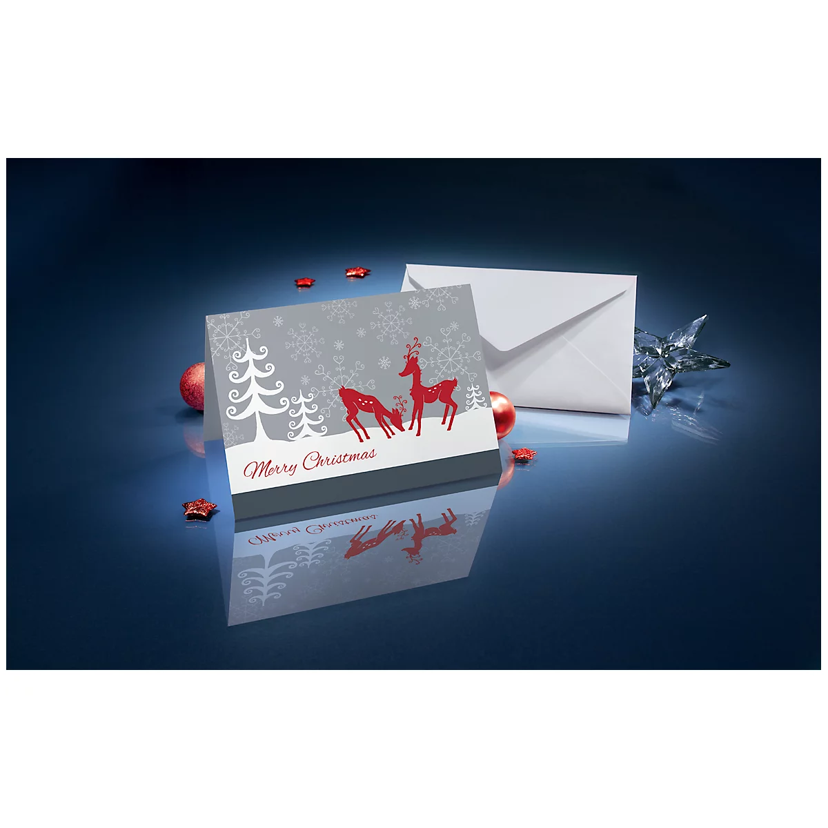 Kerstkaart Sigel 'Red Deer', A6, met enveloppen, glanzend karton, grijs-rood, 25 stuks