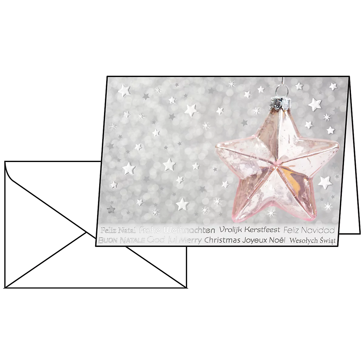 Kerstkaarten Sigel Rose Star, 10 stuks, incl. enveloppe, zilver/blauw reliëf, glanzend karton, DIN A6