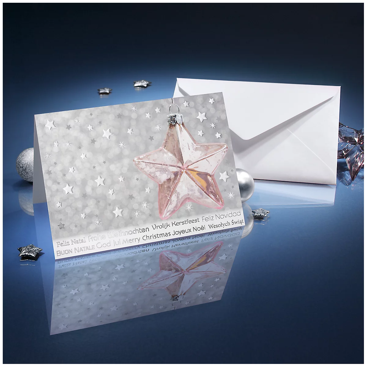 Kerstkaarten Sigel Rose Star, 10 stuks, incl. enveloppe, zilver/blauw reliëf, glanzend karton, DIN A6