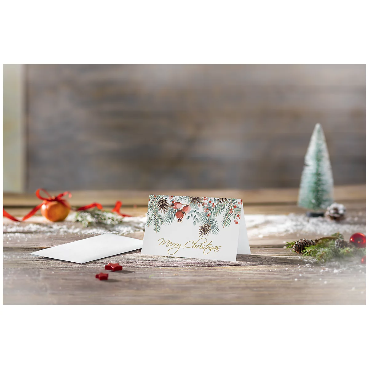 Kerstmotiefkaart 'Rode bessen en dennenappels', A6 (A5), 250g/m², 25 stuks, wit karton, inkjet &amp; laserprinter