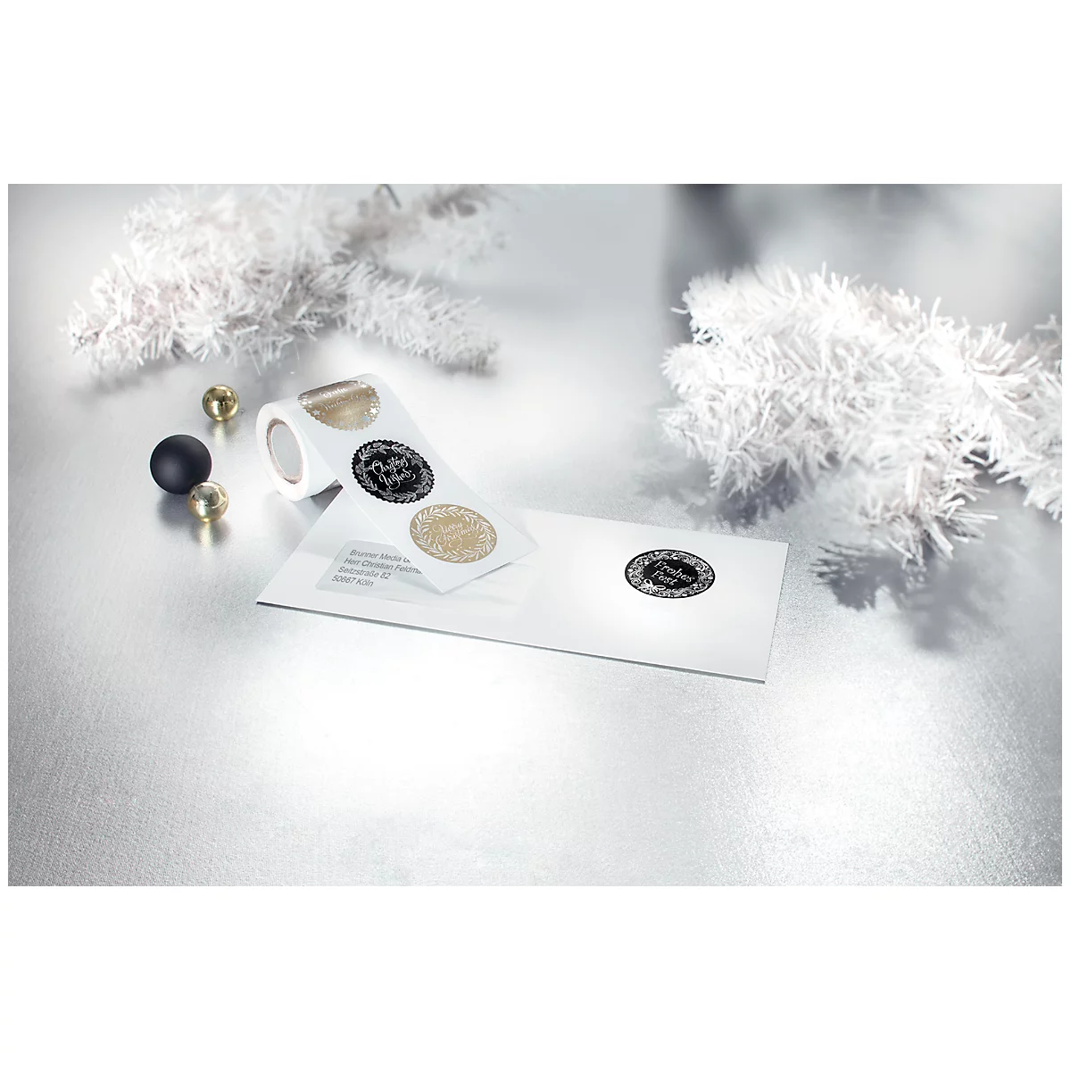 Kerststickers Sigel Christmas Lettering, 200 stuks op rol, diverse motieven, met zilveropdruk, B 45 x H 50 mm