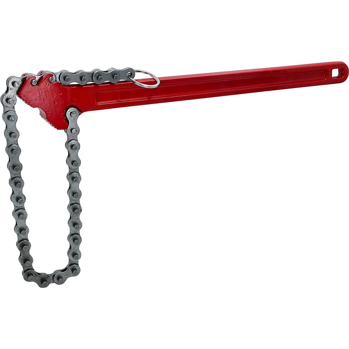 Rote Kettenrohrzange mit silberner Kette und Loch. Werkzeug zur Reparatur.