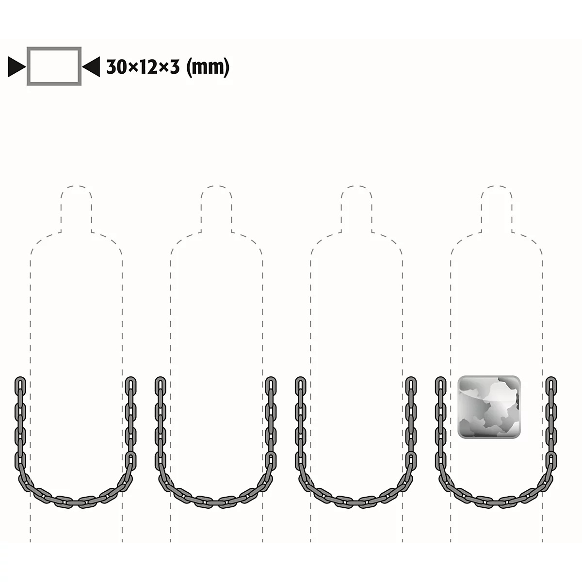 Grafische Darstellung von Ketten, die sich zu einem U formen, mit einem grauen Quadrat mit einem 3D-Effekt in der Mitte.