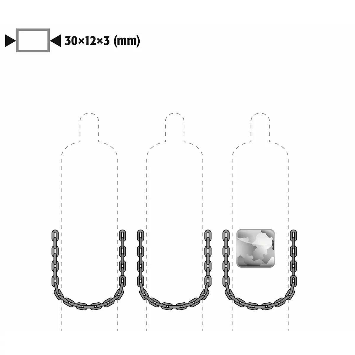 Schemazeichnung: Drei schematische Figuren mit Ketten im unteren Bereich. Oben links: ein Rechteck mit den Maßen 30x12x3 (mm).