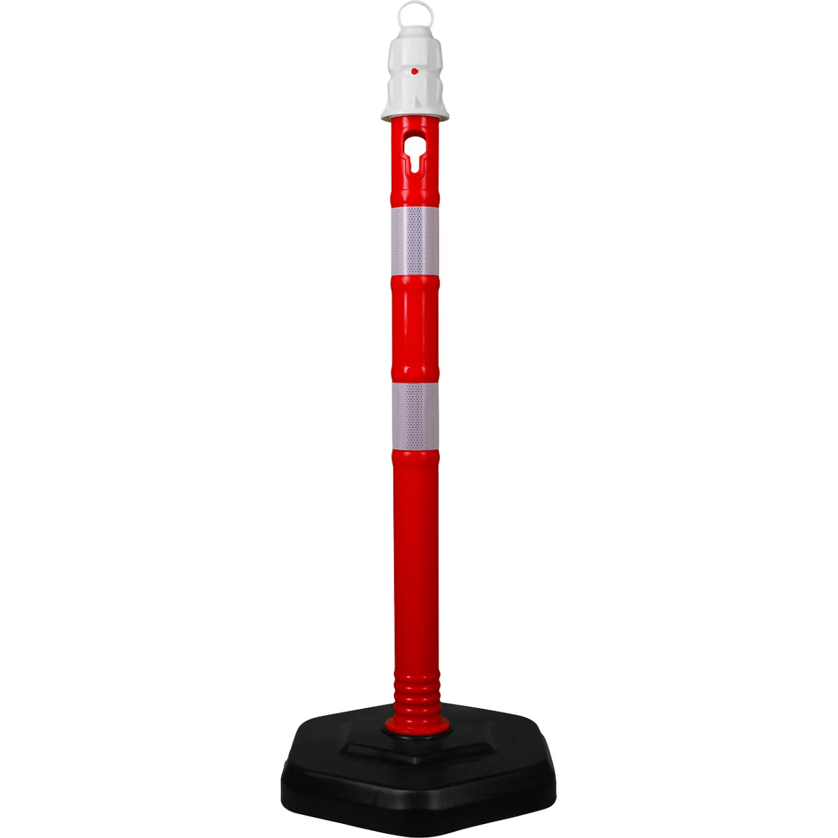 Rood-witte verkeerspaal op zwarte voet.