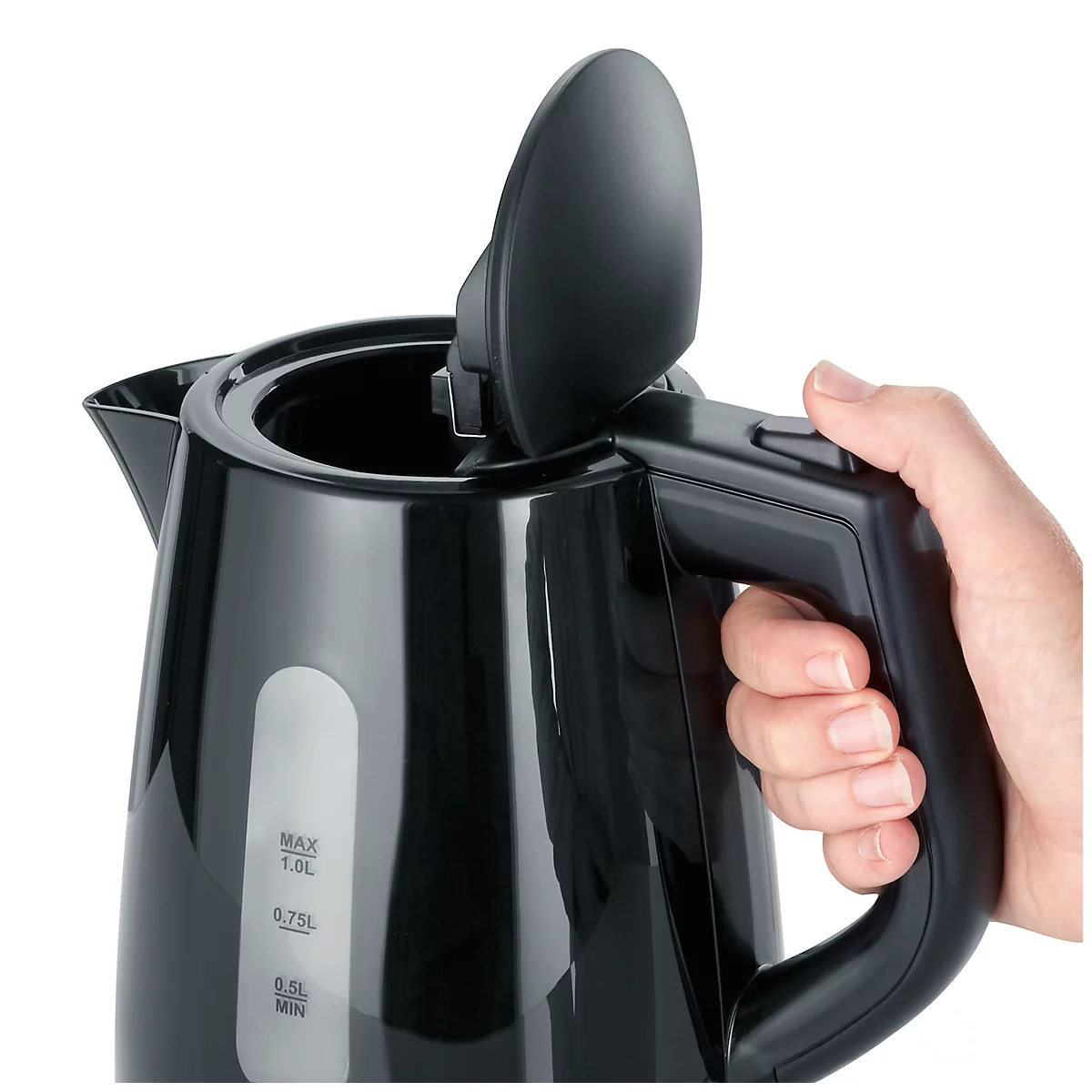 Close-up of a black kettle, opened and held by a hand. A water level indicator is visible.