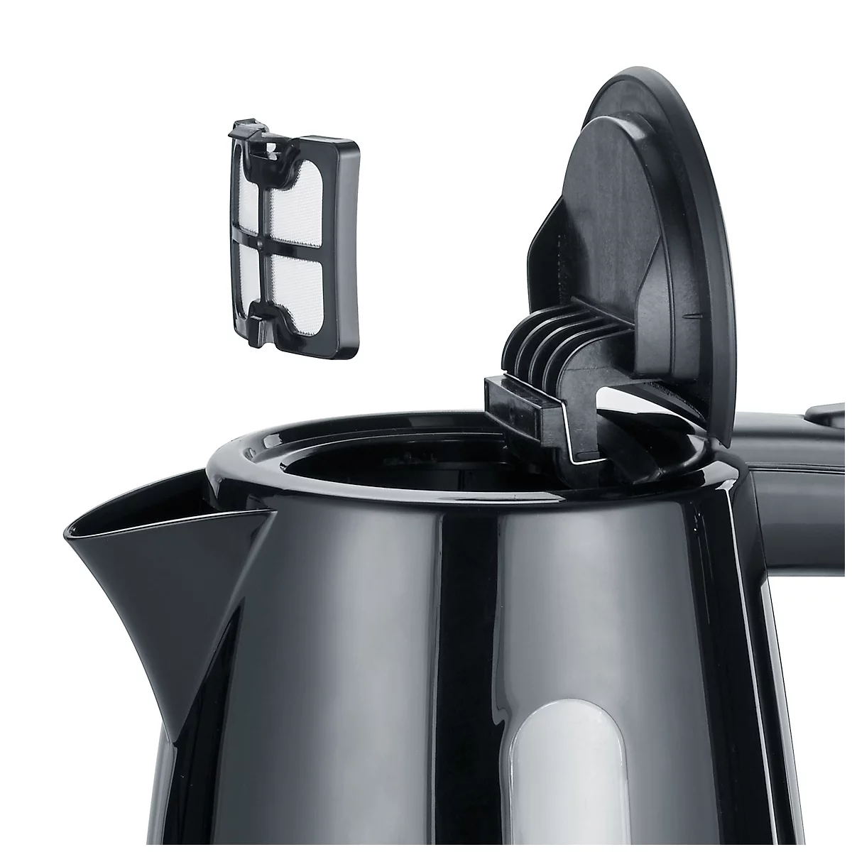 Close-up of a black kettle, the lid is open, with the removable filter next to it.