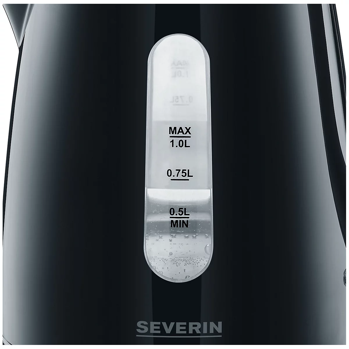 Close-up of a black kettle with water level indicator, reads "SEVERIN".
