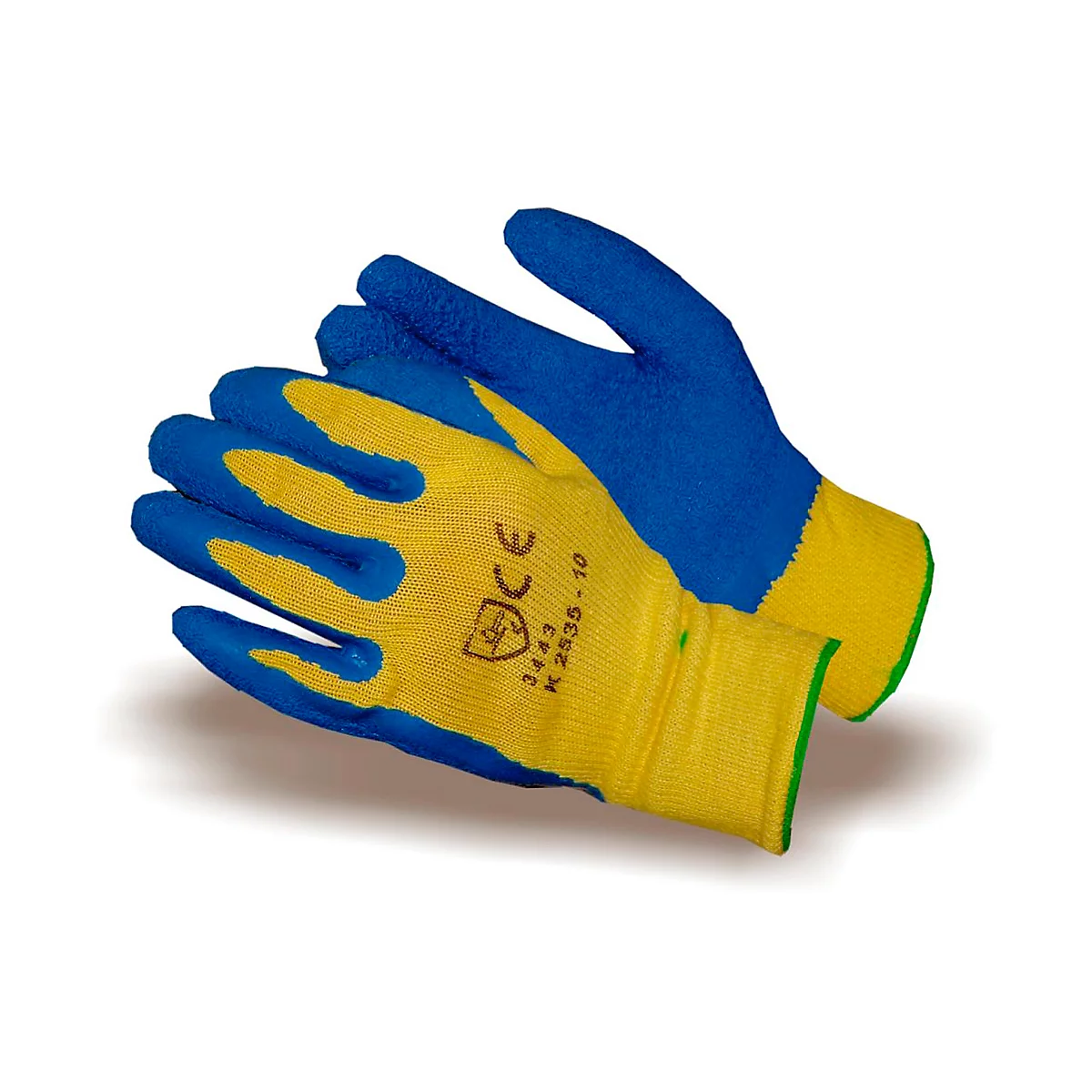 Two work gloves; blue and yellow. On the yellow part is a label with numbers and symbols.