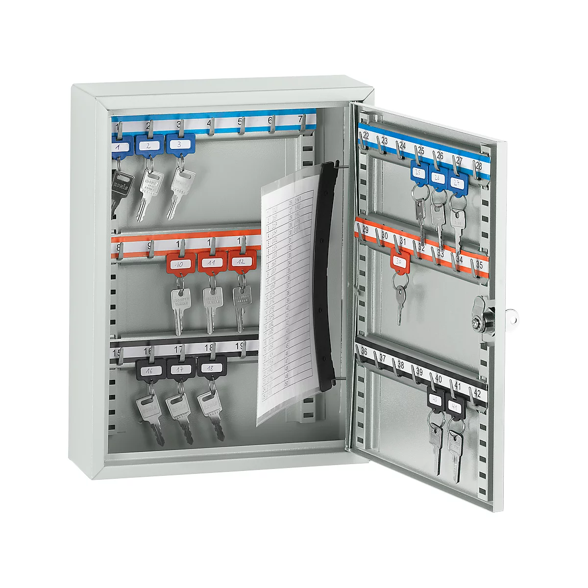 Grey key cabinet with open doors. Keys hang on colored bars, a list hangs on the inside.