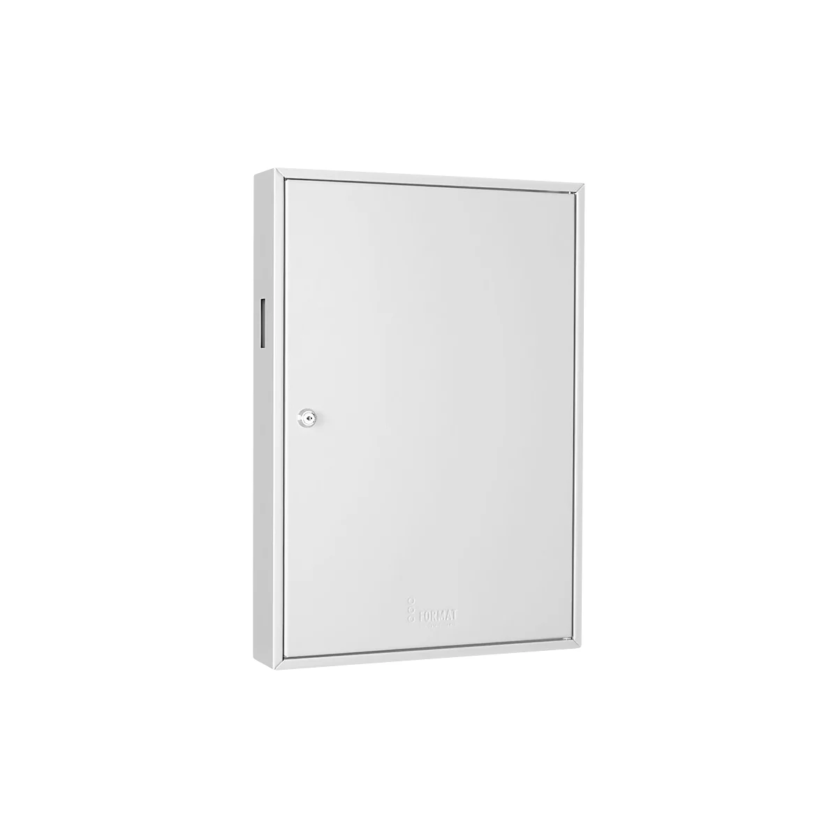 White metal door with lock and the inscription "FORMAT".