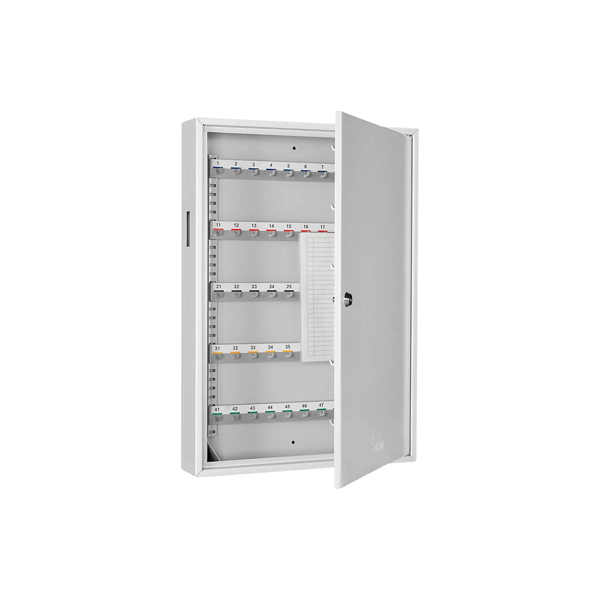 White key cabinet, partially open, with color-coded hooks and numbered slots.