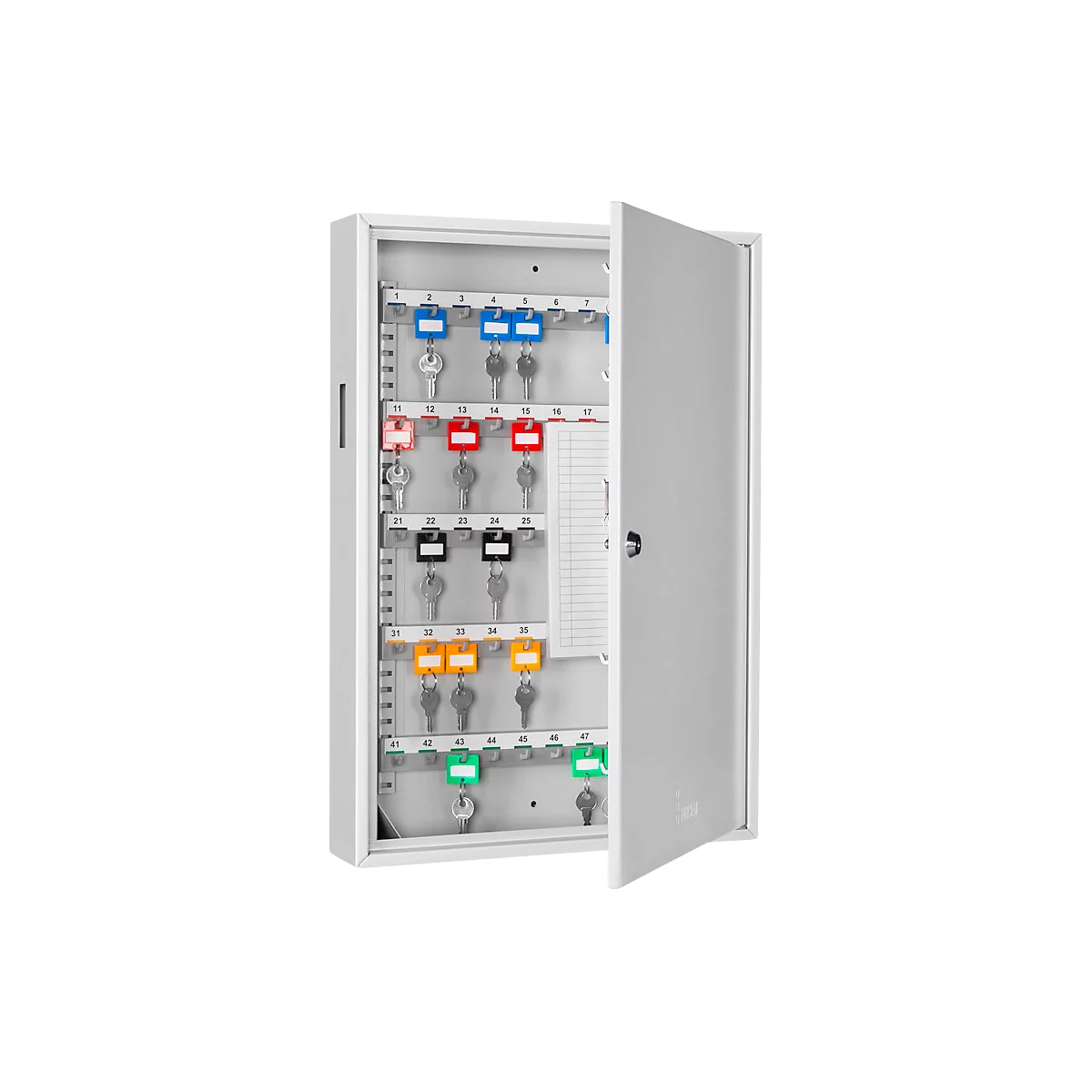 Grey key cabinet with open door. Several keys are hanging on coloured tags in orderly rows.