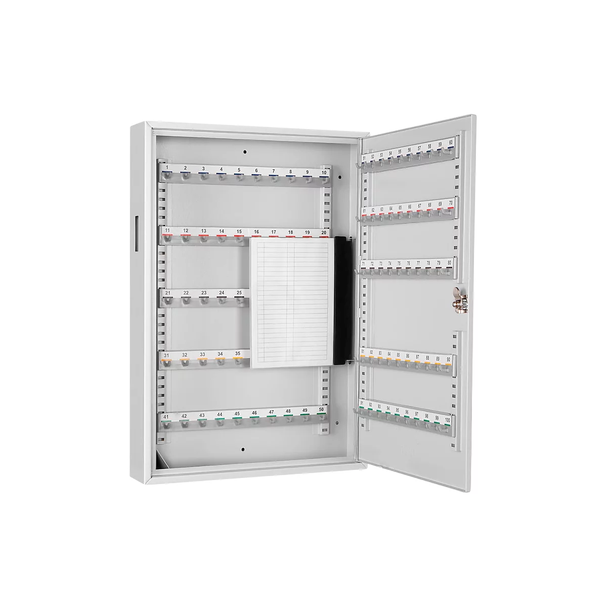 White key cabinet with open door, numbered hooks and notepad.