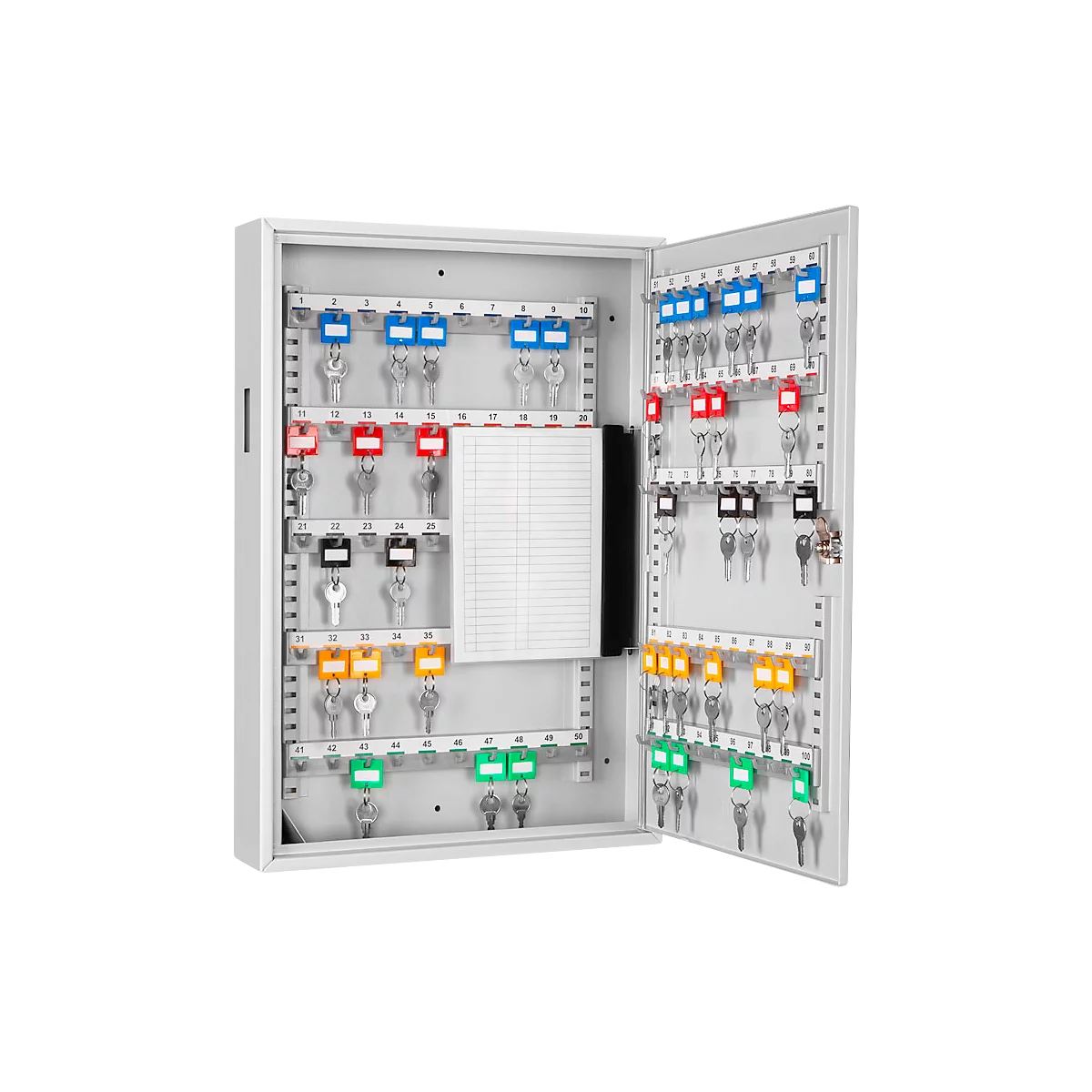 Open key box with many keys and colored tags. Numbers can be seen on the tags. A notepad is located inside.