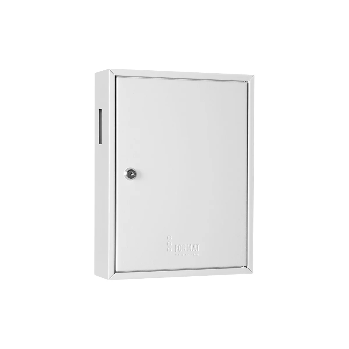 White, square metal box with lock. The text "FORMAT" is on the door.