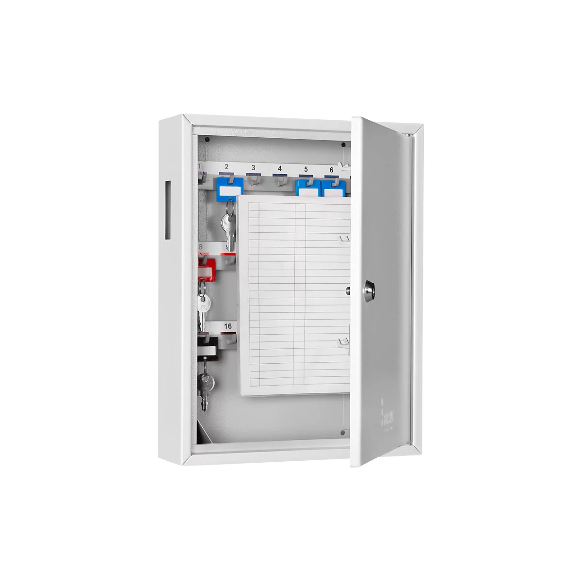 Opened grey key cabinet. Keys on coloured hook strips, behind a list. The lock is open.