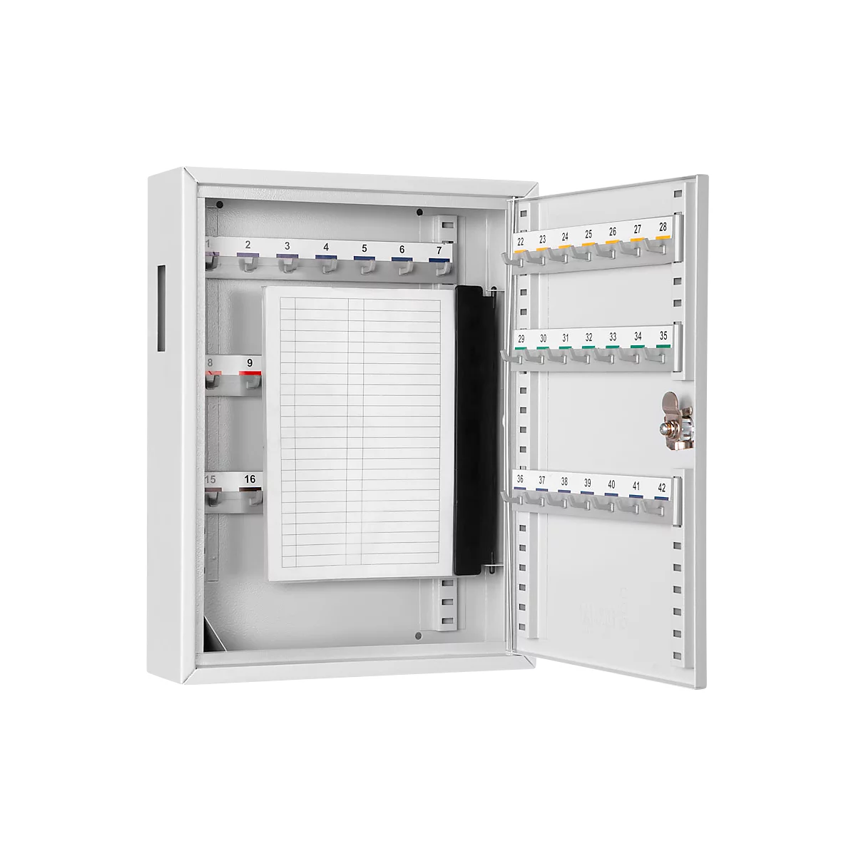 White key cabinet with open door. Hooks for keys, numbered from 2 to 42. There is a notepad on the inside.