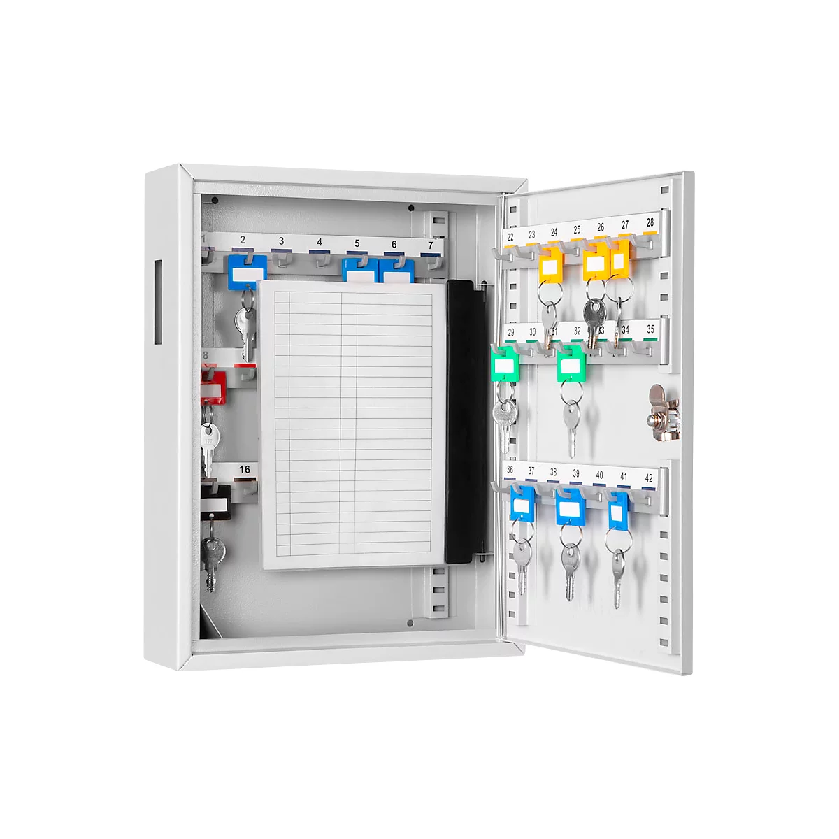 Open white key cabinet with keys and labeled tags. A paper list in the middle.