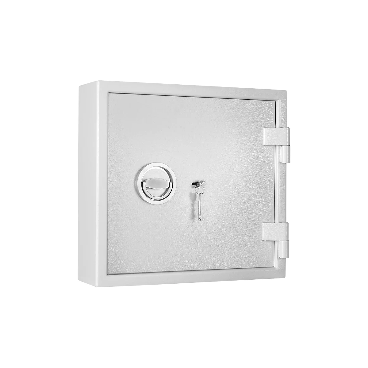 Open, gray key cabinet with colored key fobs arranged in rows.