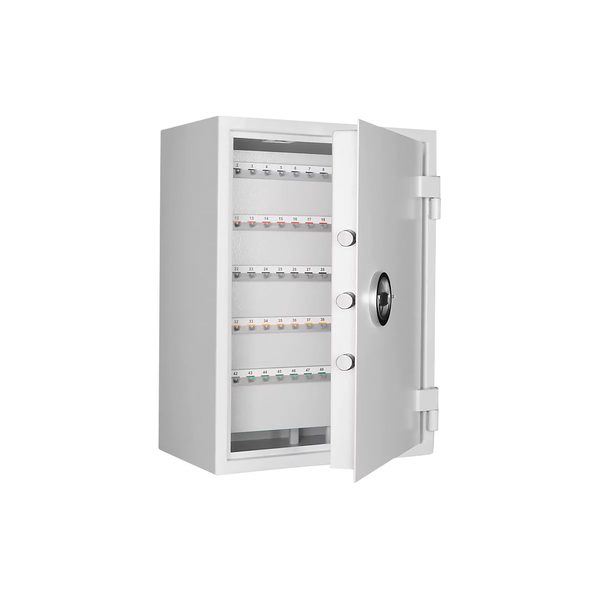 White key safe, door open. Inside rows for keys with numbers. Silver rotary knob on the right.