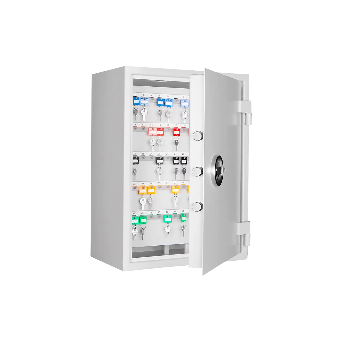 An open white key safe. Colourful key fobs with white keys are arranged in the safe.