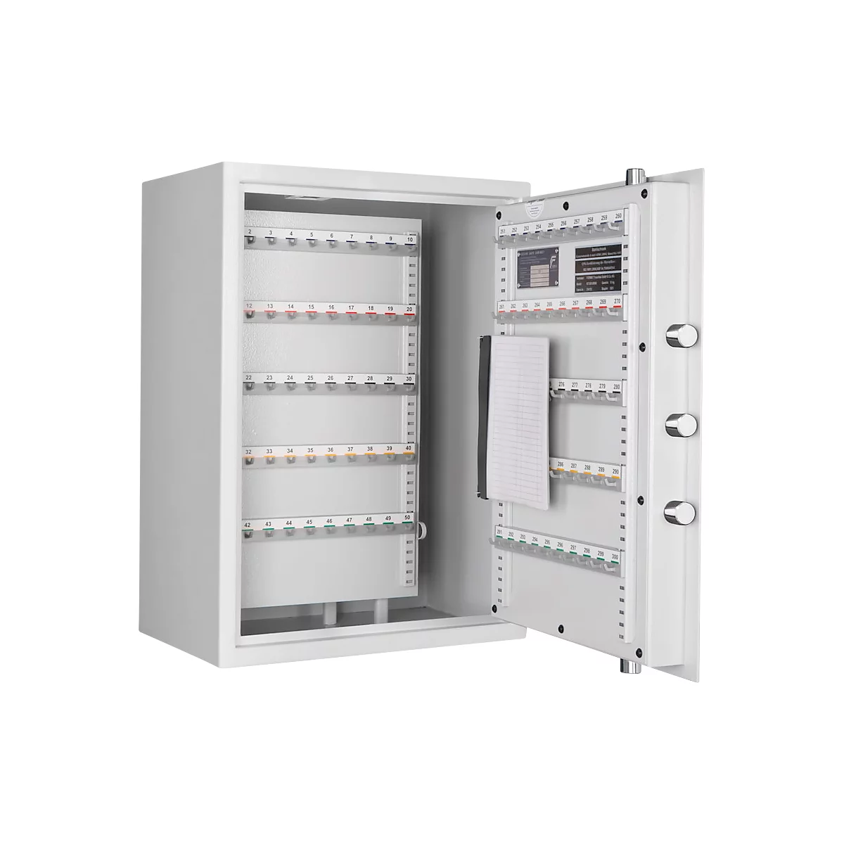 White safe with an open door filled with key holders, a notepad and rotating knobs.