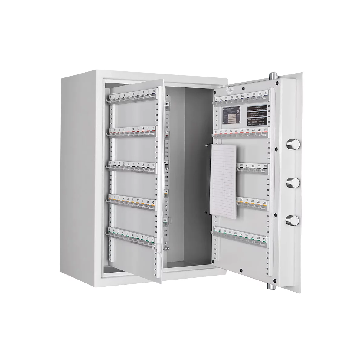 White safe with open doors. Inside, many key holders and a notepad.