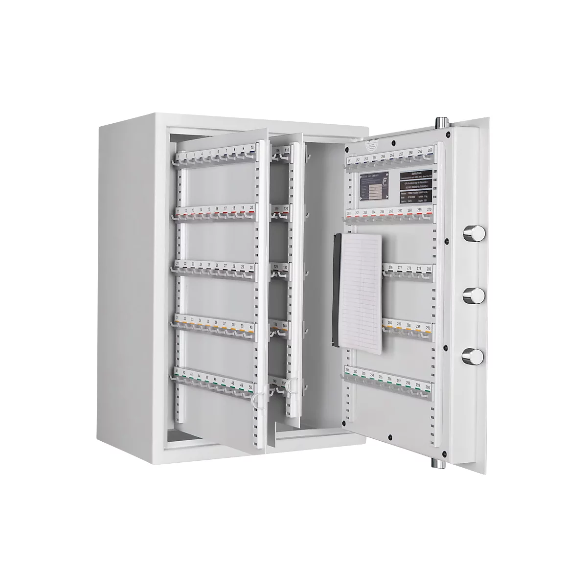 White key cabinet with open doors filled with keys and index cards. The inside shows numbered rows of key hooks.