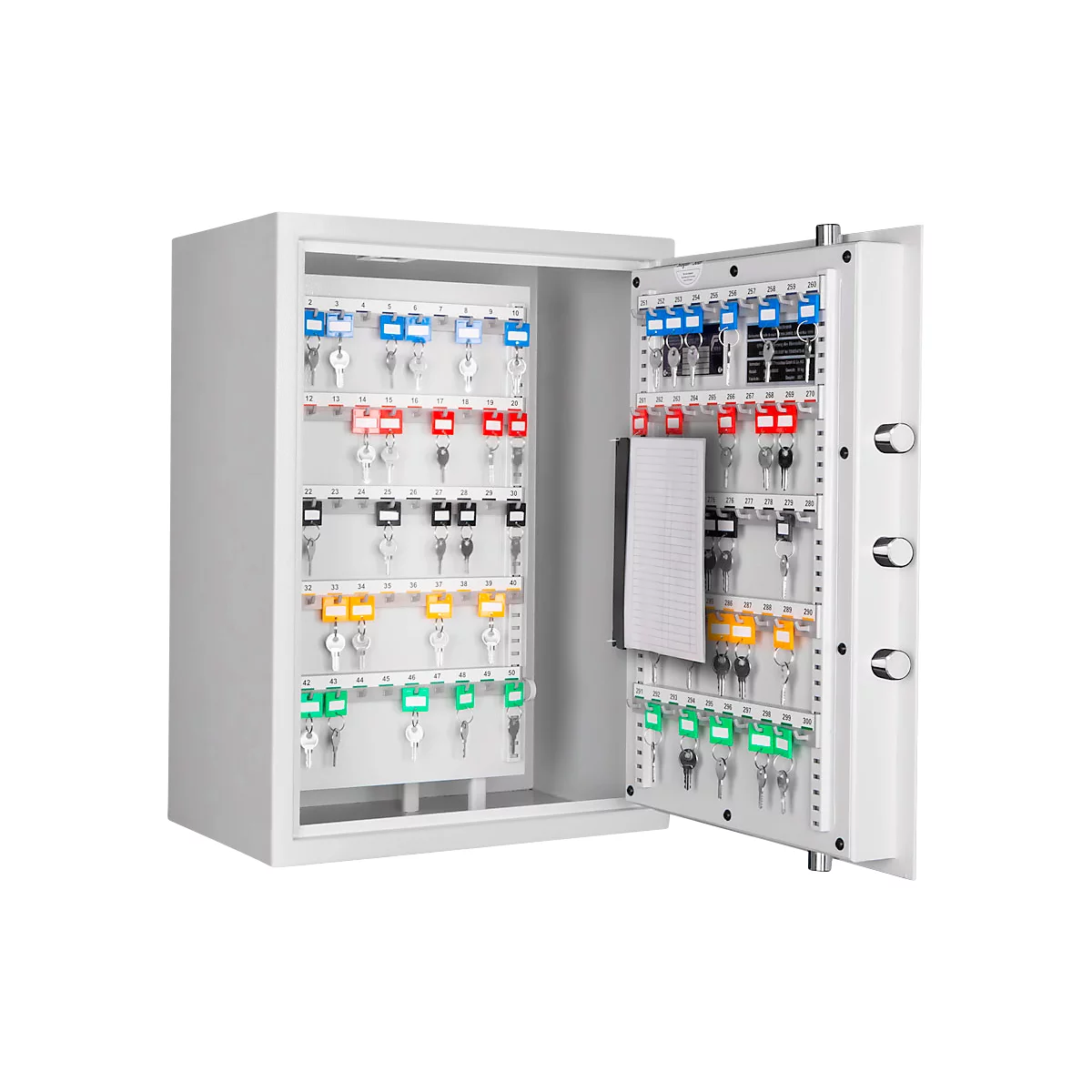 Open, grey key safe with coloured key fobs and a notepad on the door.