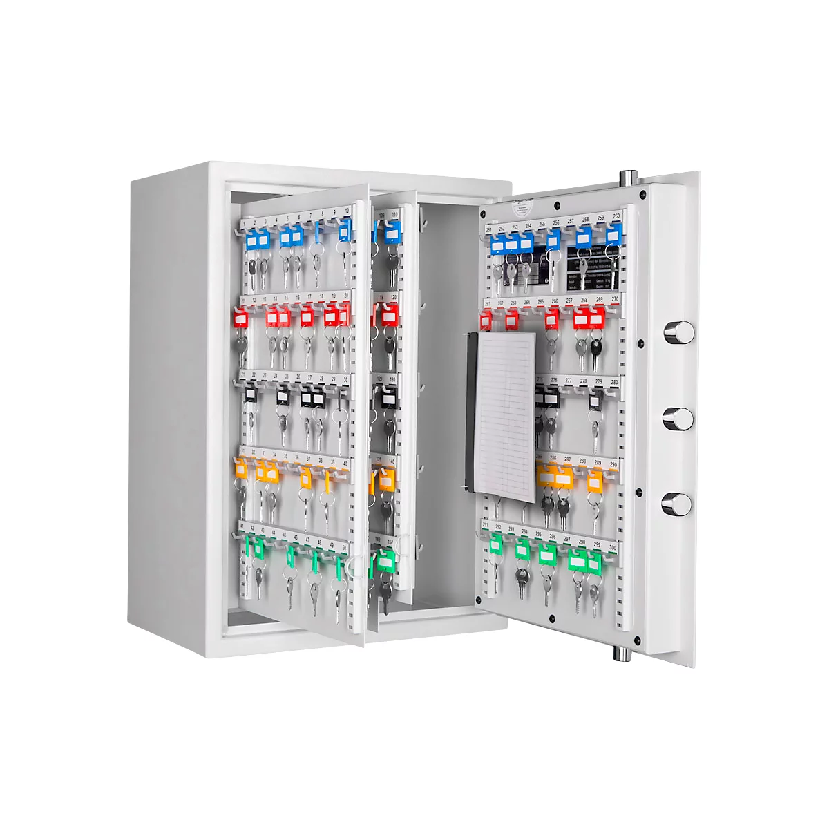 White key cabinet, opened. Several keys with colored tags are attached to hooks. Inside, a notepad is visible.
