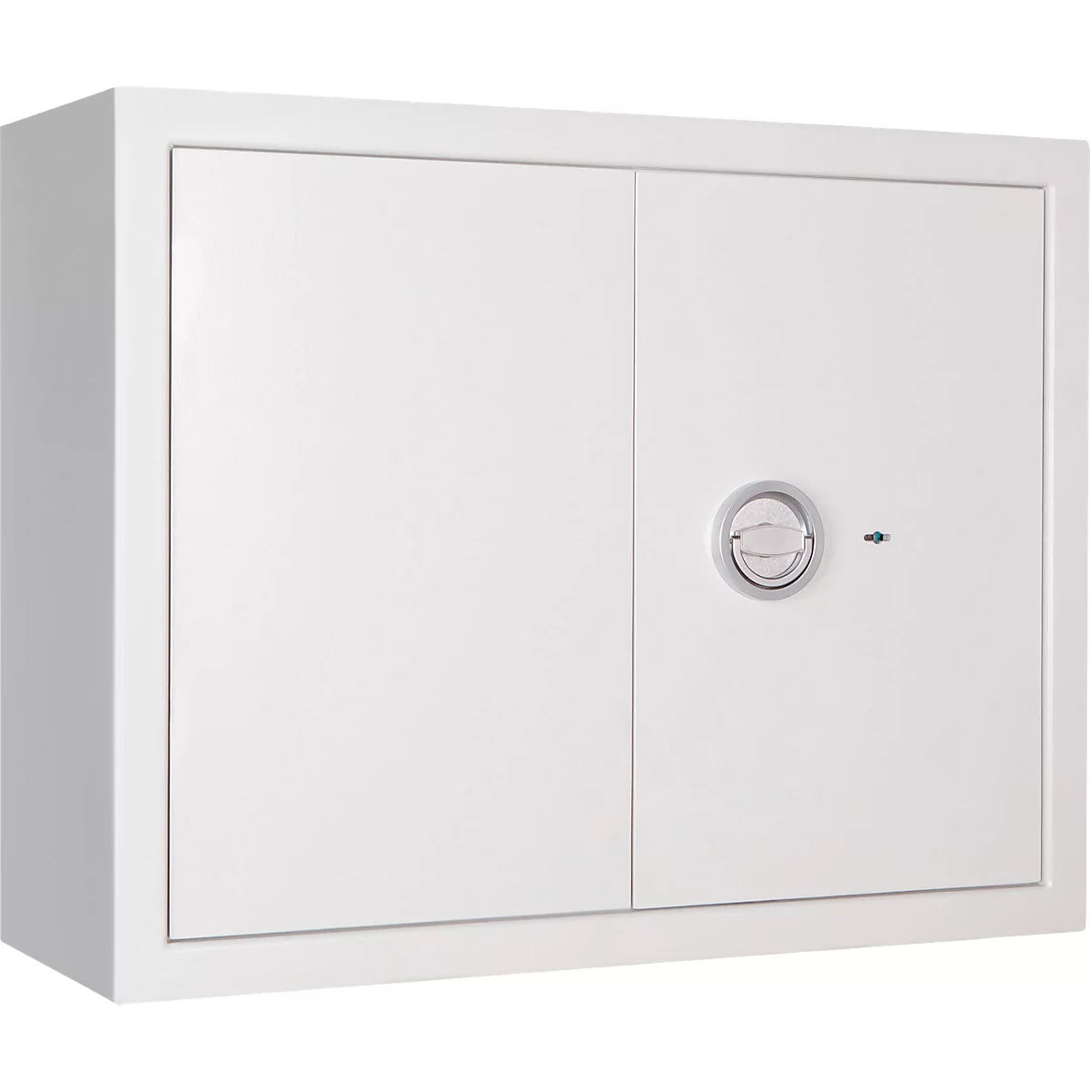 White safe with two doors, round handle and keyhole.