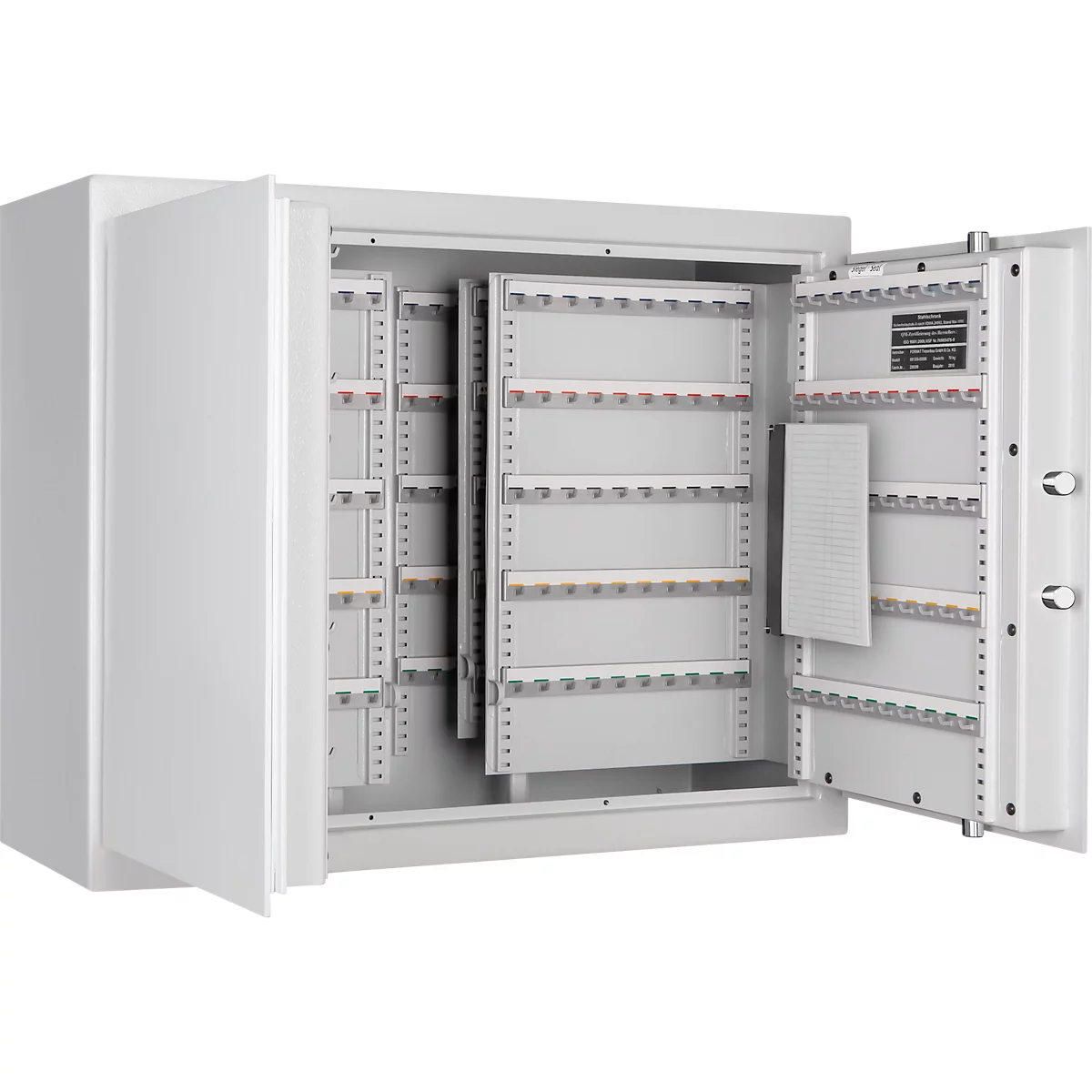 An open white safe with key hooks. The safe is equipped with multiple rows of hooks.