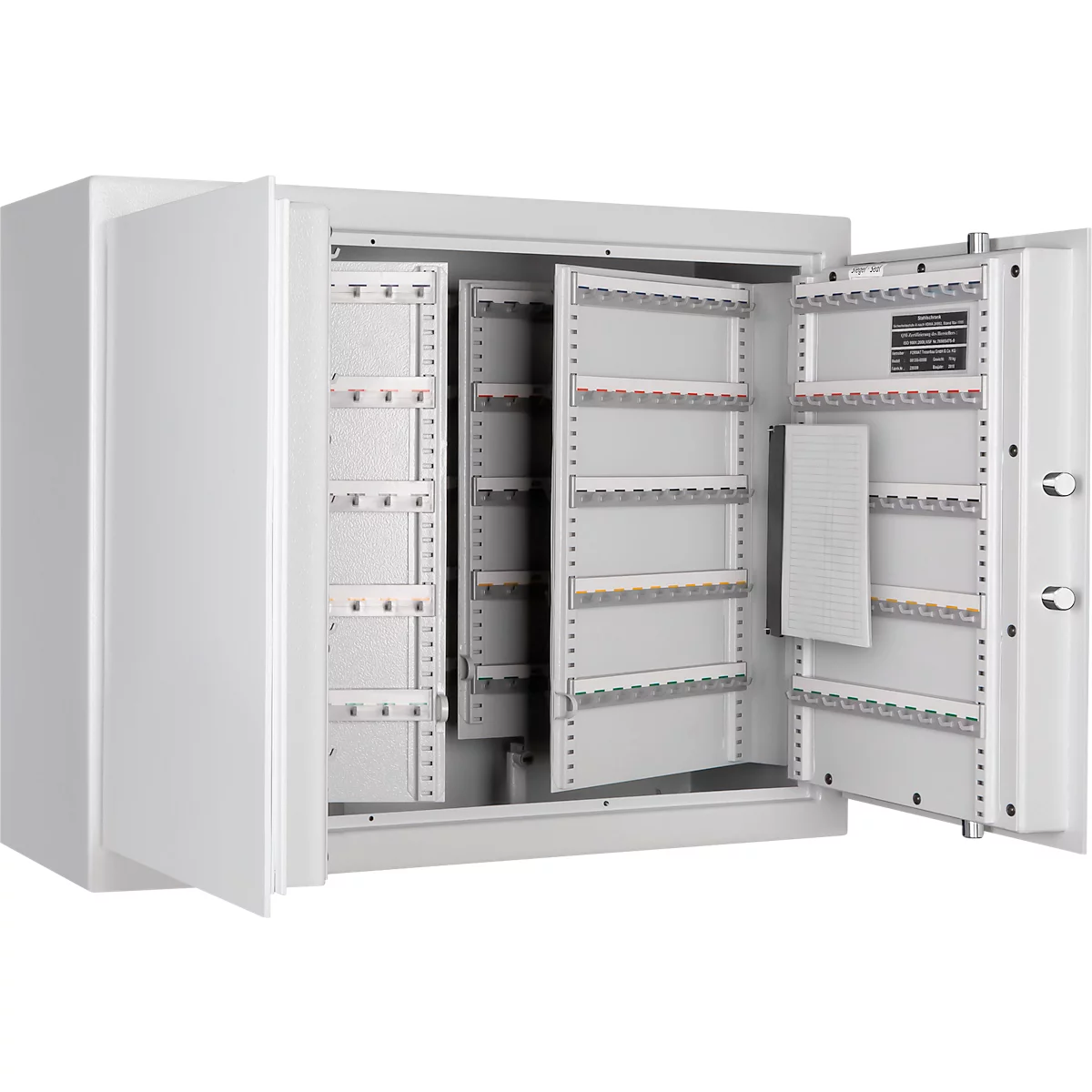 Open white safe with many key holders. The door is open, rows for keys can be seen inside.