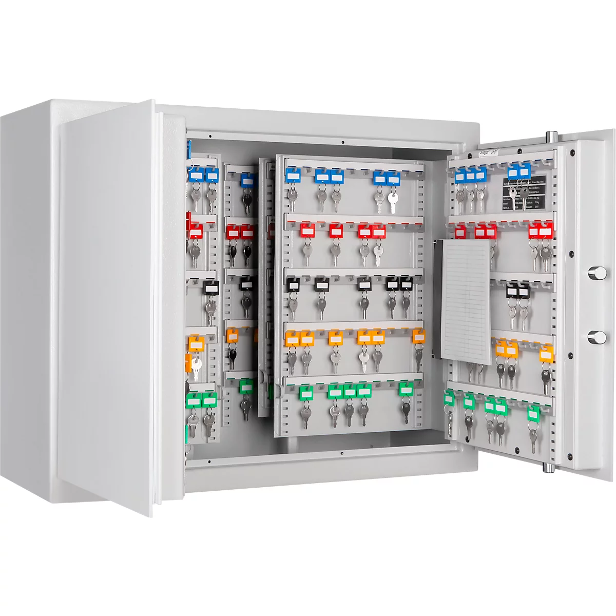 Open white key safe with keys organized by color.