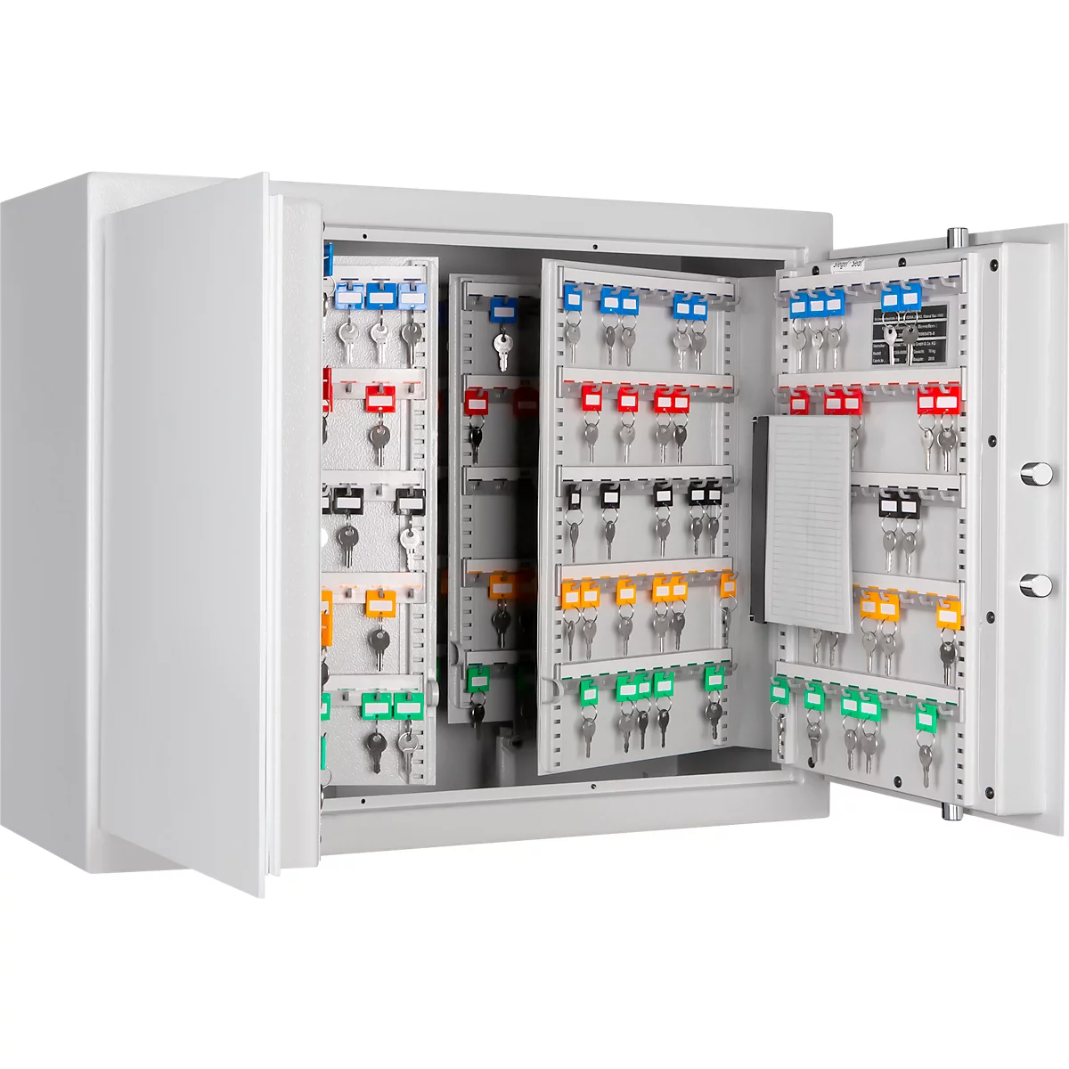 White key cabinet with open doors, filled with colored keys and tags.